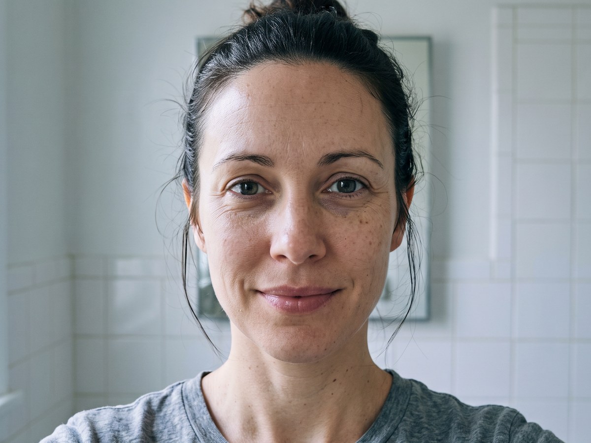 The same woman ninety days later, same framing, same light, still without makeup