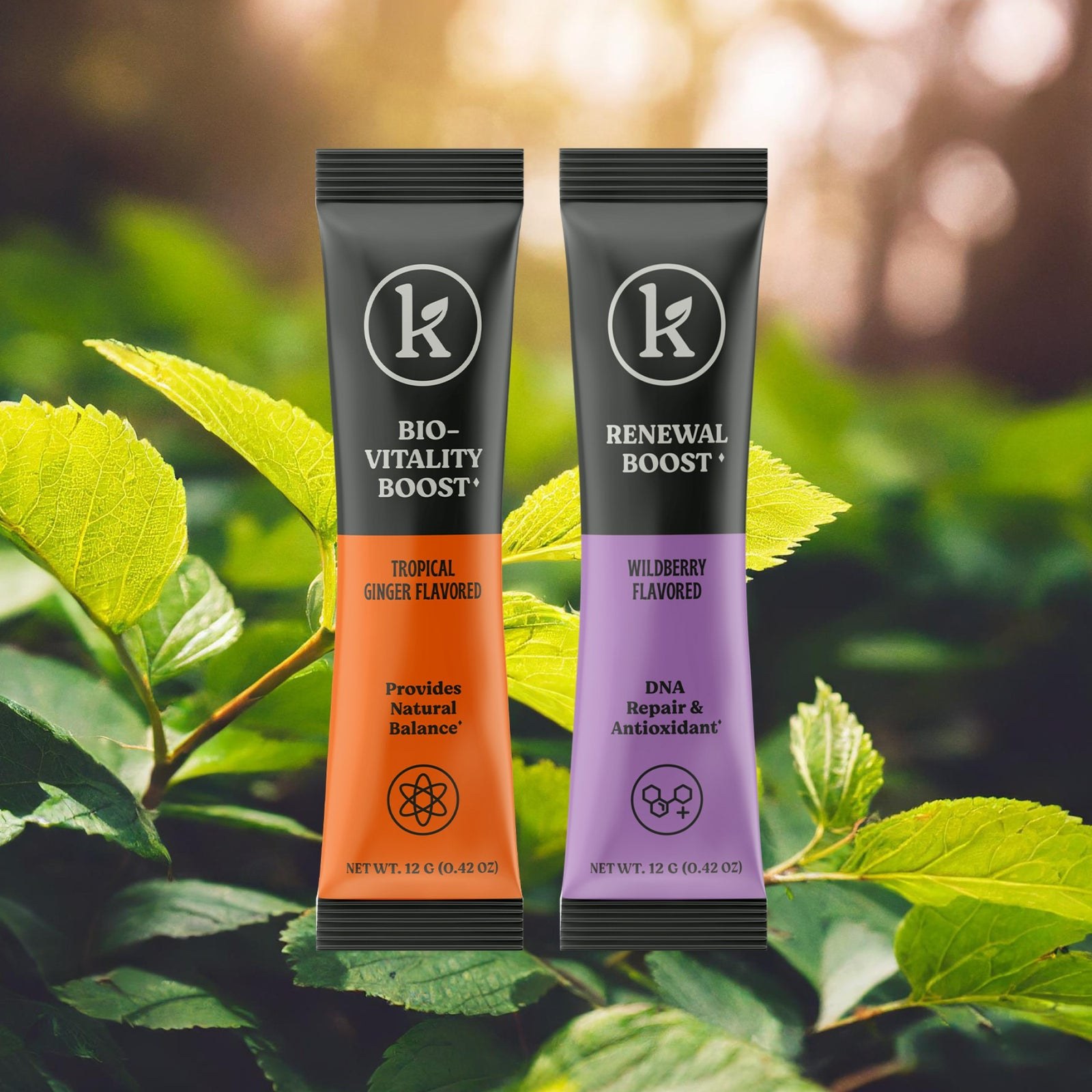 Renewal Boost and Bio-Vitality Boost stick packs photographed outdoors in natural light